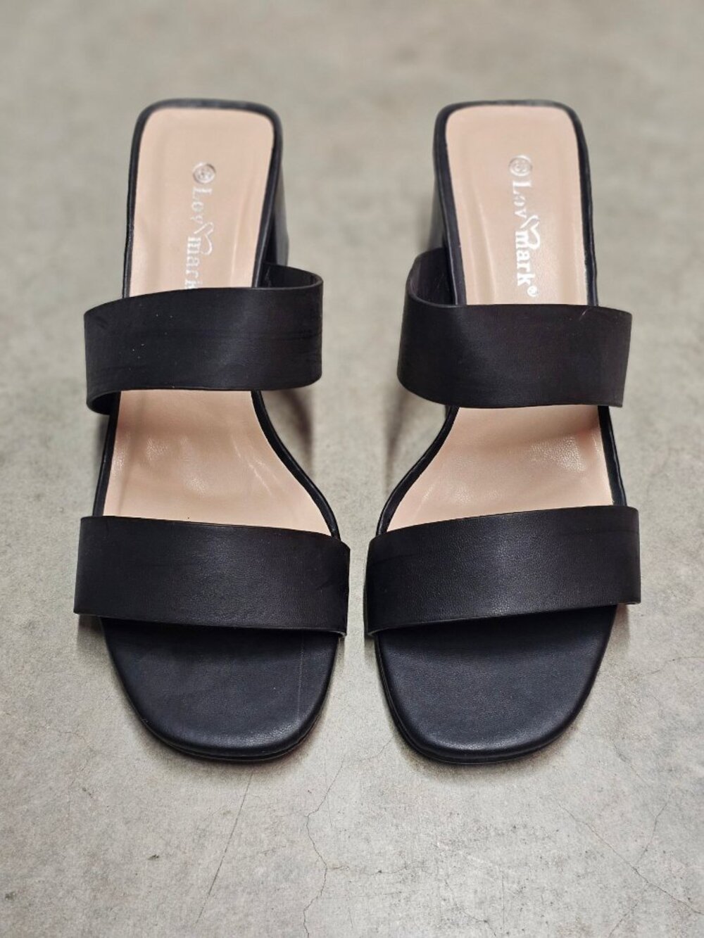 Black Block Heel Slide Sandals With Double Straps Open Toe & Square Heel Design - Picture 9 of 13
